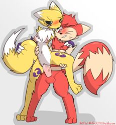 2015 anthro balls blush breasts canine crossover digimon duo erection female ferret fox fur furret hair male mammal mustelid neko3240 nintendo nipples nude penetration penis plain_background pokemon pussy renamon sex smile video_games white_fur yellow_fur