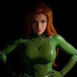 ai_generated belt black_background bodysuit cartoon_network close_up eye_contact female ginger ginger_female ginger_hair green_eyes green_suit hands_on_hips long_hair posing posing_for_picture posing_for_the_viewer sam_(totally_spies) simple_background tight_clothes tight_clothing totally_spies