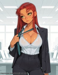 1girl 1girls ai_generated blush boobs breasts breasts, camel_toe cameltoe cleavage clothed clothed_female corporate curvy dc dc_comics ecchipeachi female female_focus female_only focus fully_clothed koriand'r large_breasts nipples nipples_covered nipples_visible_through_clothing office office_lady pussy sfw solo solo_female solo_focus starfire sweat teen_titans teeth tie tight_clothes tight_clothing uncensored