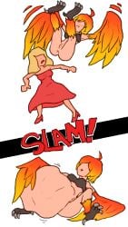 abdominal abdominal_bulge anal_vore anus blushing bottomless bra ceilingsocket digestion featureless_face female female_on_female female_pred female_prey harpy human_prey humanoid_on_human monster_girl patting_belly red_dress same_size talons two_panel_image vagina vore winged_humanoid wings