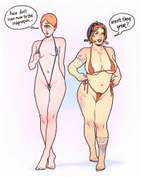 2d 2girls alexis_(numitor) areolae barefoot bikini cyclops embarrassed embarrassed_nude_female embarrassing_outfit english english_text feet female gorgon large_breasts medium_breasts micro_bikini navel nose_piercing numitor piercing polly_(numitor) pubic_hair simple_background snake speech_bubble strawberry_blonde_hair tattoo text very_short_hair