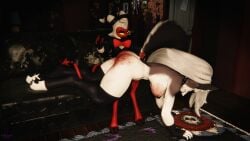 16:9 3d_(artwork) anthro apartment bow_tie breasts butt_slap clenched clothed clothed_male clothing collar digital_media_(artwork) duo eyes_closed female furniture hair handstand hellaverse helluva_boss hi_res horn legwear lir long_hair loona_(helluva_boss) male male/female medium_breasts mostly_nude moxxie_(helluva_boss) on_sofa punishment slap sofa spank_marks spanking spiked_collar spikes stockings tail tail_around_leg widescreen
