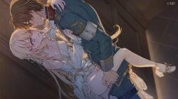 1boy 1girl against_wall bare_legs blonde_hair blue_eyes blush bow braid brown_hair censored door dress game_asset grabbing_another's_thighs green_eyes hand_on_another's_back harihara_hari hetero high_heels indoors long_hair long_sleeves looking_at_another military_uniform mosaic_censoring official_art open_mouth pants philia_kartner profile sex short_hair standing standing_sex strapless sweatdrop the_goddess_of_tears_~restoration~ tile_floor tiles vaginal visual_novel_cg white_dress wil