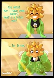 big_breasts blush blushing breast_expansion breasts_bigger_than_head dialogue expansion fat_ass greenstar looking_at_viewer massive_breasts plants_vs_zombies small_breasts solar_flare_(pvz) sweaty talking_to_viewer thick_thighs thighs wet wide_hips