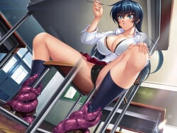 1girls black_bra black_panties blue_hair bra bra_strap breasts chair classroom cleavage dark_hair dutch_angle forced game_cg green_eyes hand_on_knee hand_raised igawa_asagi imminent_sex large_breasts long_hair panties pencil pleated_skirt restrained school_uniform sitting sitting_on_chair skirt slim_waist spread_legs spreading stockings surprised table taimanin_(series) taimanin_asagi taimanin_asagi_zero tentacle tentacles thick_thighs thighs white_shirt xray_view