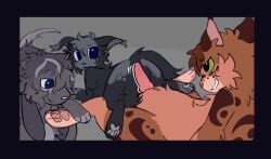2026 :< ambiguous_gender animal_genitalia animal_penis blue_eyes brown_body brown_fur domestic_cat fan_character felid feline felis feral feral_on_feral fur genitals green_sclera grey_background grey_body grey_fur group hi_res knot knotted_penis lagomorph leporid littleperrito male male/ambiguous mammal mismatched_animal_penis mismatched_genitalia mismatched_penis penis pink_penis rabbit simple_background trio warriors_(book_series)