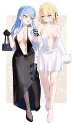 2girls :) :d ankle_strap_heels asymmetrical_bangs bag bang_dream! bang_dream!_it's_mygo!!!!! bare_shoulders black_and_white_clothing black_bag black_dress black_gloves black_shoes black_thighhighs blonde_hair blue_hair breasts breasts_apart center_opening chain_necklace choker cleavage clutch_purse collarbone cowl_neck double-parted_bangs dress earrings ears eltir eyebrows_visible_through_hair female female_focus female_only flower_choker full_body glove gold_necklace hair_between_eyes hair_ribbon halter_dress halterneck hand_bag high_heels high_resolution holding holding_bag holding_hand holding_object interlocked_fingers jewelry long_dress long_gloves long_hair long_sidelocks looking_at_partner medium_hair misumi_uika navel night_dress open_mouth party_dress plunging_neckline portrait purple_eyes purse shoes short_dress side_slit sidelocks simple_background sleeveless smile standing straight_hair talking talking_to_partner thighhighs togawa_sakiko two-tone_clothing walking white_background white_bag white_choker white_dress white_gloves wispy_bangs yellow_eyes