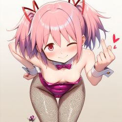 1girl ai_generated artist_logo bent_forward bowtie bunny_girl bunnysuit cleavage fishnet_legwear fishnet_stockings fishnets hair_ribbon hand_on_hip heart leotard looking_at_viewer madoka_kaname madoka_worship magical_girl mahou_shoujo_madoka_magica middle_finger petite pink_eyes pink_hair puella_magi_madoka_magica red_ribbon ribbon ribbons simple_background small_breasts smile smug thick_thighs thigh_gap thighhighs twintails white_background wink winking_at_viewer