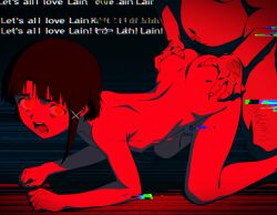 abused ai_generated brown_hair clothes_lift clothes_pull gangrape grabbing_from_behind lain_iwakura red_eyes red_lighting serial_experiments_lain small_breasts surrounded_by_men