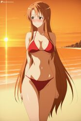 1girl ai_generated beach bikini blush breasts brown_eyes brown_hair cleavage closed_mouth collarbone cowboy_shot digitalwaifugallery groin hi_res high_quality high_resolution large_breasts long_hair looking_to_the_side medium_breasts navel ocean outdoors patreon red_bikini seductive sexy solo standing sun sunset swimsuit sword_art_online thigh_gap uncensored underboob very_long_hair watermark yuuki_asuna