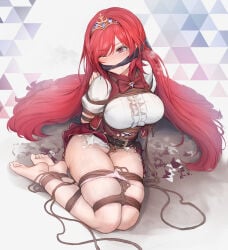 1girl arms_behind_back arriet_(shingeki_no_bahamut) barefoot bdsm blue_gem bondage bound bound_ankles bound_arms bound_legs bound_torso breast_bondage commentary_request crotch_rope feet female female_only gag gagged gem gold_tiara granblue_fantasy highres long_hair morisova one_eye_closed panties pink_panties pubic_stubble red_eyes red_hair restrained rope shibari shibari_over_clothes skindentation thighhighs tiara underwear