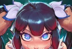 1girl ahegao ai_generated black_hair blue_eyes blush bubbles bustybunz commentary_request cum cum_on_face danmachi drooling dungeon_ni_deai_wo_motomeru_no_wa_machigatteiru_darou_ka facial gradient_hair hair_ribbon heart-shaped_pupils heart_eyes hestia hestia_(danmachi) intense_expression messy_face multicolored_hair red_hair saliva solo sweat sweatdrop sweaty tagme twintails wet