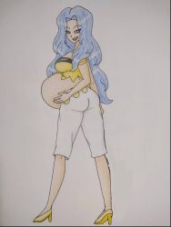 blue_eyes blue_hair crop_top cyberiorr drawing elite_four enjoying_pregnancy female karen_(pokemon) looking_at_viewer looking_back looking_back_at_viewer pokemon pokemon_gsc pregnant pregnant_belly pregnant_female solo solo_focus