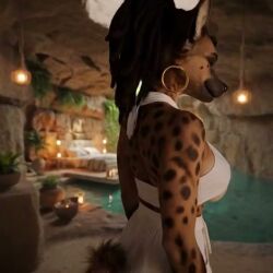 2026 ai_animated ai_generated animated anthro big_breasts breasts curvy fe_luniferal female female_only flashing furry hoop_earrings hyaenid hyena mammal midriff nipples pool solo solo_female sound tagme video voluptuous water