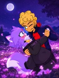 ai_generated anthro blonde blonde_female domestic_cat felid feline flowers furry green_eyes human human_on_anthro interspecies kit_community night night_sky nori_kitty outdoors romantic romantic_ambiance romantic_couple rose rose_in_mouth tanned tanned_skin wink