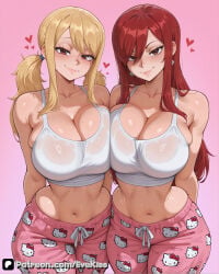 2girls ai_generated blonde-haired_female blonde_hair breasts breasts, camel_toe cameltoe cleavage clothed clothed_female curvy curvy_figure erza_scarlet evekiss fairy_tail female female_focus female_only focus fully_clothed hello_kitty hello_kitty_(series) large_breasts lucy_heartfilia nipples nipples_covered nipples_visible_through_clothing pajamas pussy red-haired_female red_hair sfw solo solo_female solo_focus teeth thick_thighs thighs tight_clothes tight_clothing uncensored wide_hips