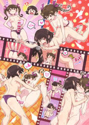 !? 2girls bar_censor barefoot blush breast_press breasts brown_eyes brown_hair censored closed_eyes closed_mouth commentary_request commission completely_nude dildo female female_only film_reel french_kiss heart himekaidou_hatate holding_hands interlocked_fingers kiss medium_breasts missing_headwear multiple_girls musical_note nipples nude object_insertion one_eye_closed open_mouth panties panty_pull pointy_ears pulling_another's_clothes purple_panties pussy_juice pussy_juice_trail red_eyes sex_toy shameimaru_aya shikido_(khf) skeb_commission smile soles spoken_heart spread_legs strap-on symmetrical_docking toes touhou twintails underwear vaginal vaginal_object_insertion watermark yuri