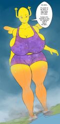 1girls city colonel-gabbo destruction english_text female giant_breasts giantess horns huge_breasts macro penny_fitzgerald purple_dress speech_bubble sweat sweating sweaty text the_amazing_world_of_gumball thick_thighs thighs wings yellow_body