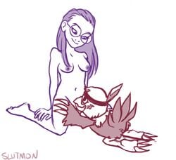 anthro avian beak breasts digimon digimon_(species) duo eye_contact eyewear feathers female glasses hawkmon headband human kneeling looking_down male mammal miyako_inoue nude rear_view size_difference slutmon tail_feathers winged_arms wings