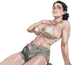 1girls abs big_breasts bikini_top black_eyes black_hair bra breasts brown_eyes cleavage cosplay debbie_grayson enargeia female female_only huge_breasts invincible invincible_(tv_series) jean_shorts kwon_eun-bi_(cosplay) large_breasts looking_at_viewer midriff midriff_baring_shirt milf navel pale_skin revealing_clothes short_shorts shorts simple_background solo solo_female sports_bra stomach taiyang_yu tummy white_background
