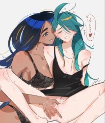 2girls black_bra black_camisole black_hair black_panties blue_hair bra breasts camisole clenched_teeth dark-skinned_female dark_skin female female_only fingering geeta_(pokemon) grey_hair highres lace lace_bra lace_panties large_breasts long_hair multicolored_hair multiple_girls nanaasuzy panties pokemon pokemon_scarlet_and_violet pussy rika_(pokemon) small_breasts smile strap_slip teeth underwear very_long_hair yuri