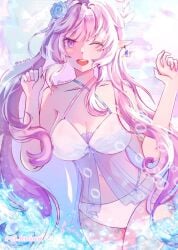 1girl absurdres air_bubble artist_name ass belly belly_button big_ass big_breasts bikini breasts bubble cleavage collarbone commentary cyrene_(honkai:_star_rail) demiurge_(honkai:_star_rail) diamond-shaped_pupils diamond_(shape) earrings elf_ears female female_focus female_only flower flower_in_hair goddess goddess_of_love hair_flower hair_ornament happy highres hips hips_wider_than_shoulders honkai:_star_rail honkai_(series) huge_ass huge_breasts jewelry large_breasts long_hair looking_at_viewer midriff mommy mouth_open multicolored_hair nail_polish navel one_eye_closed pink_hair pink_nails pointy_ears purple_eyes sea solo swimsuit symbol-shaped_pupils teeth two-tone_hair upper_teeth_only very_long_hair water white_bikini white_hair