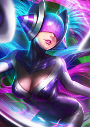 1girls bodysuit breasts cleavage dj_sona dj_sona_ethereal female female_focus female_only hair headgear human league_of_legends neoartcore riot_games solo sona_buvelle tight_clothes