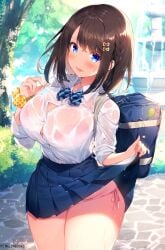 1girl :d bag blue_bow blue_eyes blue_skirt blush bow bra bra_visible_through_clothes breasts brown_hair bush button_gap clothes_lift clothes_pull cobblestone collared_shirt curvy day dress_shirt fountain hair_ornament hairclip highres kat_(bu-kunn) large_breasts medium_hair melonbooks miniskirt open_mouth original outdoors panties pink_bra pink_panties pleated_skirt polka_dot polka_dot_scrunchie school_bag school_uniform scrunchie see-through_clothes shirt shirt_pull side-tie_panties skirt skirt_lift sleeves_rolled_up smile solo standing sweat thick_thighs thighs tree underwear wet wet_clothes white_shirt wrist_scrunchie yellow_scrunchie