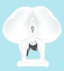 1girl anus aqua_theme artist_request ass ass_focus bent_over black_hair blue_background blush breasts clitoris colored_skin completely_nude_female fat_mons female flexible folded from_behind huge_ass long_hair looking_at_viewer looking_through_legs nude ponytail presenting pussy simple_background solo source_request thick_thighs thighs vagina weighing_scale white_skin wii_balance_board wii_fit wii_fit_trainer wii_fit_trainer_(female)