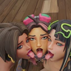 3d 3d_(artwork) 3girls ani_konda_(fortnite) blue_eyes female fortnite jules_(fortnite) lesbian paz_the_wicked purple_lipstick saliva saliva_on_tongue tounge_out