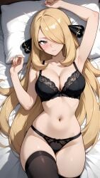 1girls ai_generated black_lingerie black_thighhighs blonde_female blonde_hair blush blushing_female creatures_(company) cynthia_(pokemon) female female_only light-skinned_female light_skin lingerie lingerie_only looking_at_viewer nintendo on_back on_bed pokemon pokemon_bdsp pokemon_dppt self_upload solo solo_female thighhighs
