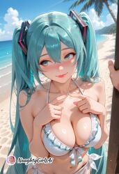 1girl ai_generated aqua_eyes aqua_hair beach bikini blue_eyes blue_hair blush breasts cleavage cloud collarbone day frilled_bikini frills hair_between_eyes hatsune_miku index_fingers_together large_breasts long_hair looking_to_the_side naughtygirlsai navel ocean outdoors palm_tree side-tie_bikini_bottom sky smile solo_focus swimsuit tree twintails very_long_hair vocaloid white_bikini