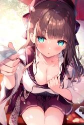 1girl aqua_eyes black_sailor_collar black_skirt blouse blunt_bangs blush breasts brown_hair cleavage clothes_pull collarbone downblouse eyelashes eyes_visible_through_hair fingernails food food_request gelatin hair_ribbon highres kat_(bu-kunn) large_breasts long_hair looking_at_viewer oil-paper_umbrella open_mouth original petals pink_nails plaid_clothes plaid_skirt pleated_skirt ribbon sailor_collar sailor_shirt school_uniform serafuku shirt shirt_pull shirt_tug sitting skirt solo thighs umbrella white_shirt