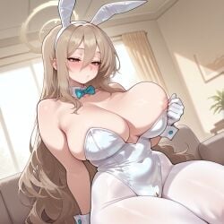 1girls ai_generated akane_(blue_archive) animal_ears bare_shoulders blue_archive blue_bow blush bow bowtie breasts brown_eyes cleavage detached_collar fake_animal_ears gloves hair_between_eyes halo indoors leotard long_hair official_alternate_costume pantyhose playboy_bunny rabbit_ears sitting solo white_gloves white_leotard white_pantyhose zeroofhearts