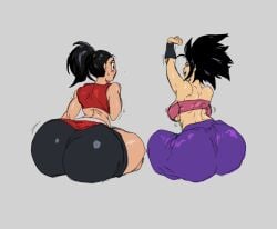 2girls big_ass caulifla dragon_ball dragon_ball_super female grey_background kale stretching