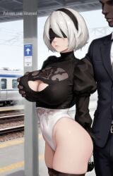 1boy 1girls 2b_(nier:automata) ai_generated aisuyuni blacked blindfold cheating cheating_female cheating_girlfriend cheating_wife cuckold cuckolding dark-skinned_male grabbing grabbing_breasts interracial netorare nier:_automata ntr silver_hair thick_thighs thighs train train_station yorha_2b
