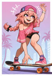 +++ 1boy 4k absurd_res ai_generated arm_up astolfo_(candy_pink)_(fate) astolfo_(fate) backwards_hat bare_shoulders baseball_cap belt black_bow black_shorts blush border bow braid braided_ponytail cap choker cityscape clothing crossdressing fate/extella_link fate_(series) femboy footwear full_body hair_between_eyes hair_bow hair_ornament hat headwear hi_res high_resolution highres illustrious_(stable_diffusion) jaja_ai long_braid long_hair male male_focus male_only motion_lines multicolored_hair off-shoulder_shirt off_shoulder one_arm_up open_mouth otoko_no_ko outdoors palm_tree pink_footwear pink_hair pink_shirt ponytail portrait_format purple_eyes self_upload shirt shoes short_shorts short_sleeves shorts single_braid skateboard skateboarding smile sneakers socks solo stable_diffusion streaked_hair teeth tied_hair trap tree uncensored upper_teeth upper_teeth_only very_high_resolution wai-nsfw-illustrious-sdxl watch white_border wristwatch