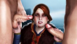 1girls 2boys 3d cd_projekt_red cerys_an_craite cum cum_in_mouth cum_on_face cumshot earrings female freckles light-skinned_female light-skinned_male light_skin male mascara penis penis_grab ratounador red_hair scar testicle_grab the_witcher_(series) the_witcher_3:_wild_hunt