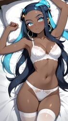 1girls ai_generated blue_eyes blue_hair blush blushing_female creatures_(company) dark-skinned_female dark_skin female female_only lingerie lingerie_only looking_at_viewer nessa_(pokemon) nintendo on_back on_bed pokemon pokemon_swsh self_upload solo solo_female thighhighs white_lingerie white_thighhighs