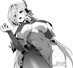 1girl azur_lane blush breast_curtains breasts chang_wu_(azur_lane) commentary_request covered_navel feather_hair_ornament feathers from_below greyscale hair_ornament hand_up highres hori_(hori_no_su) large_breasts monochrome open_mouth peacock_feathers_hair_ornament pelvic_curtain simple_background solo thigh_strap underboob white_background