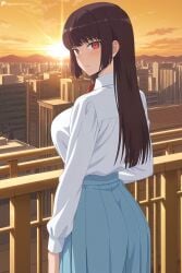1girl ai_generated blue_skirt blush bow bowtie breasts brown_hair building city cityscape closed_mouth collared_shirt digitalwaifugallery from_behind hi_res high_quality high_resolution large_breasts long_hair long_sleeves looking_at_viewer looking_back outdoors patreon pleated_skirt railing red_bow red_eyes sana_sunomiya school_uniform seductive sexy shirt shirt_tucked_in skirt sky solo standing sun sunset uncensored watermark white_shirt