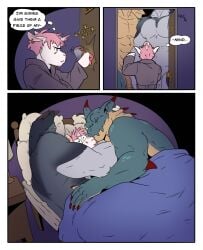 2024 abs anthro anthrofied arm_spikes bed beetle_(galacticgoodie) biceps big_muscles canid canine canis capcom clothed clothing comic cuddling darkened_genitalia darkened_penis delmore_(beatleboy62) detailed_background door dragon ear_piercing ear_ring elbow_spikes elijah_(lieutenantskittles) english_text equid equine eye_bags fan_character flaccid furniture galacticgoodie genitals group hair hi_res hoodie horn hug humanoid_genitalia humanoid_penis hybrid knocking knocking_on_door lagiacrus lamp larger_male leviathan_(mh) lying male male_anthro mammal monster_hunter muscular muscular_male mythological_creature mythological_equine mythological_scalie mythology nightstand on_back on_bed on_side pecs penis piercing pink_hair ring_piercing scalie short_hair size_difference smaller_male snout spikes spikes_(anatomy) standing text thought_bubble topwear triceps under_covers unicorn wide_eyed wolf