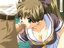 1boy 1girl bow breasts brown_eyes brown_hair censored cleavage collarbone fellatio game_asset grabbing_another's_penis hair_bow hakoiri_musume high_ponytail large_breasts large_variant_set long_hair mosaic_censoring neckerchief non-web_source novel_illustration official_art oral pants penis pleated_skirt ponytail raised_inner_eyebrows school_uniform serafuku shirt skirt standing tearing_up the_seiji toujou_mizuho variant_set visual_novel_cg white_skirt yellow_neckerchief