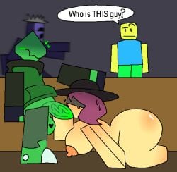 1boy 1girls background_character background_characters blocky_body blowjob duo_focus ferman ferman_(robloxian) forsaken forsaken_(roblox) green_body green_penis green_skin jane_doe_(forsaken) noli_(forsaken) noob_(roblox) roblox roblox_game robloxian sex tagme yellow_body yellow_skin