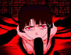 abused ai_generated brown_hair clothes_lift clothes_pull gangrape grabbing_from_behind lain_iwakura red_eyes red_lighting serial_experiments_lain small_breasts surrounded_by_men