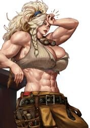 abs athletic athletic_female big_breasts big_muscles blonde_hair breasts broad_shoulders cleavage female fit fit_female freckles gemma_(monster_hunter_wilds) high_resolution highres low-angle_view monster_hunter monster_hunter_world mostly_clothed muscular muscular_arms muscular_female sweat sweating tool_belt upper_body virgoart1509