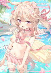 1girl animal_ears bare_arms bare_shoulders blonde_hair bow bowtie breasts choker crop_top day dog_ears dog_tail female female_only frilled_shirt_collar frills hair_ribbon highres long_hair looking_at_viewer melonbooks miniskirt natsuki_marina navel nipples no_bra open_mouth original outdoors panties panty_pull pink_choker pink_skirt pleated_skirt pulling_own_clothes purple_eyes ribbon sailor_collar shirt skirt sleeveless sleeveless_shirt small_breasts smile solo standing stomach string_panties tail twintails underwear wading water wet white_panties yellow_shirt