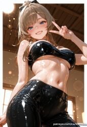 1girl ai_generated bangs bare_shoulders black_bow black_pants blue_eyes blush bow breasts brown_hair cowboy_shot from_below genshin_impact grin hair_bow hand_up indoors kermixx large_breasts latex leather_pants long_hair looking_at_viewer navel pants ponytail sandrone_(genshin_impact) shiny shiny_clothes shiny_skin smile solo standing stomach strapless sweat underboob v wet