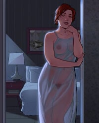 1girls 2d bed bedroom brown_hair female_only hand_under_chin lamp large_breasts looking_at_viewer navel night nightgown nipples numitor pubic_hair pussy see-through sheer sheer_clothing short_hair solo solo_female