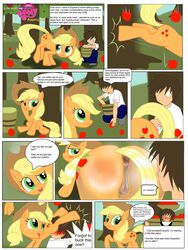 anus apple applejack_(mlp) ass big_ass blonde_hair comic cutie_mark dialog earth_pony english_text equine friendship_is_magic fruit fur green_eyes hair happy hat horse human long_hair mammal my_little_pony one_eye_closed orange_fur picking_up pony ponytail pussy pussy_juice smile smooth_skin tail text tied_hair tired title